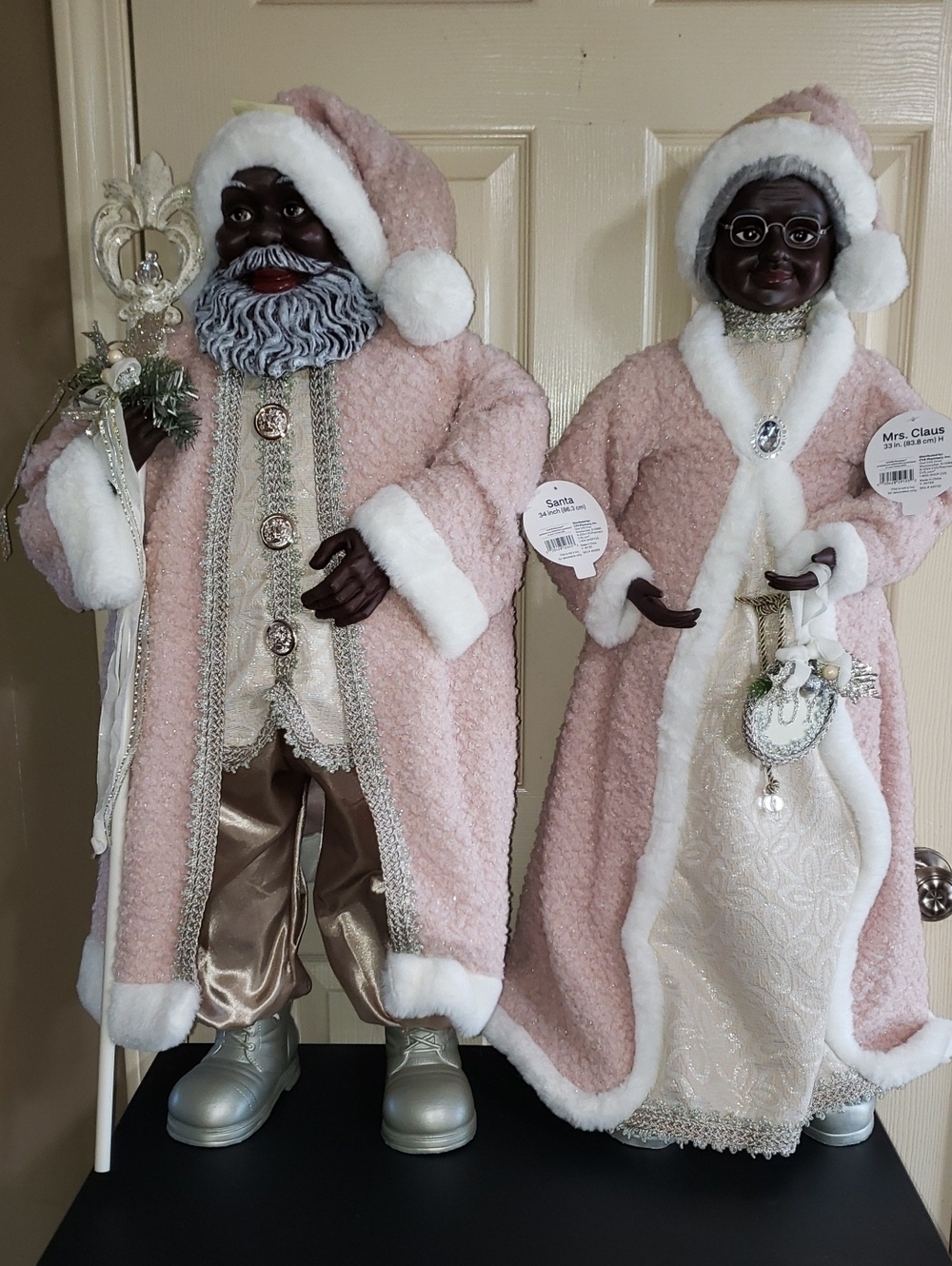 34" & 33" Large African American Black Santa & Mrs Claus Figure Set Bundle Pink